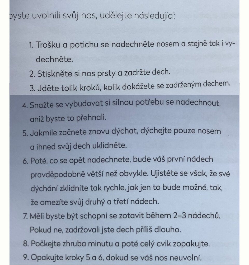 Diagram showing a simple exercise to clear a stuffy nose using breath-holding.