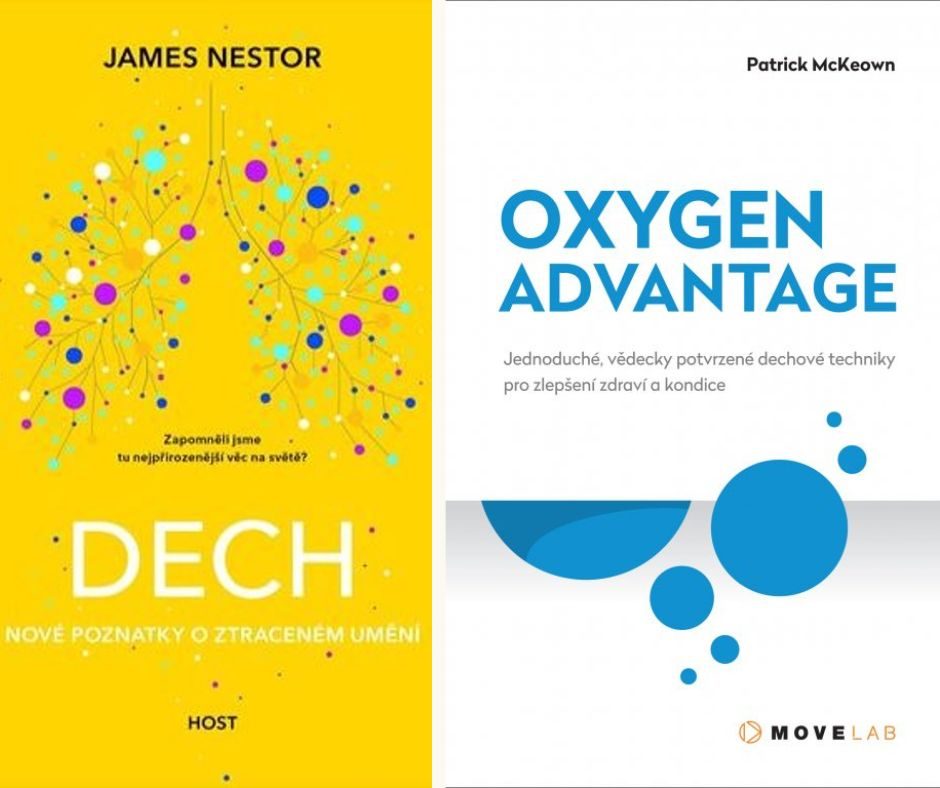 Image showing the covers of the books "The Oxygen Advantage" by Patrick McKeown and "Dech" (Breath) by James Nestor.