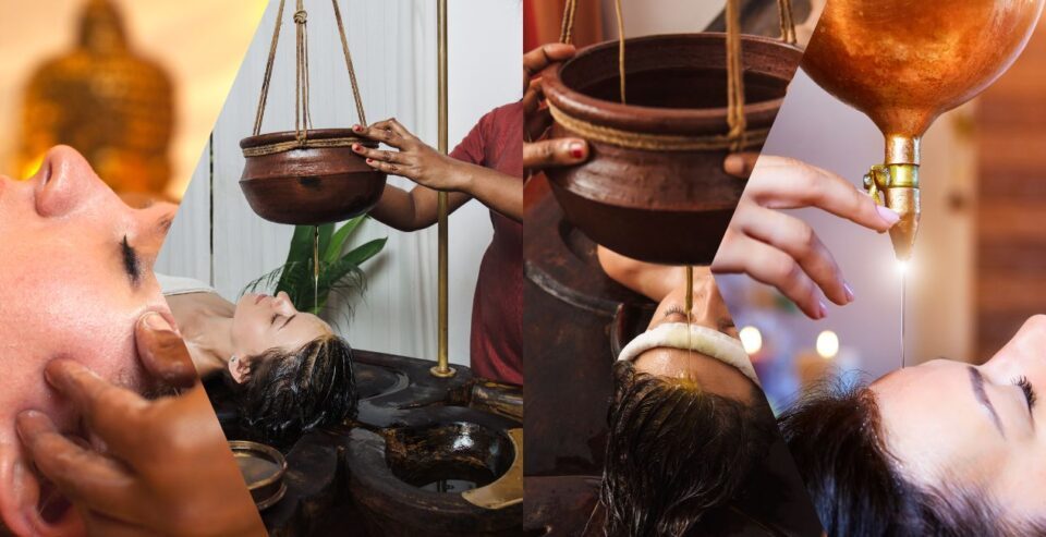 Woman receiving a Shirodhara treatment